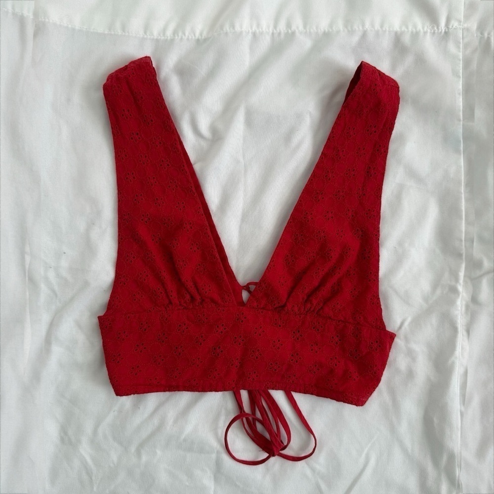 H&M Red Eyelet Bralette Crop Top Sz XS Tie Back Coquette Romantic Festival Party
